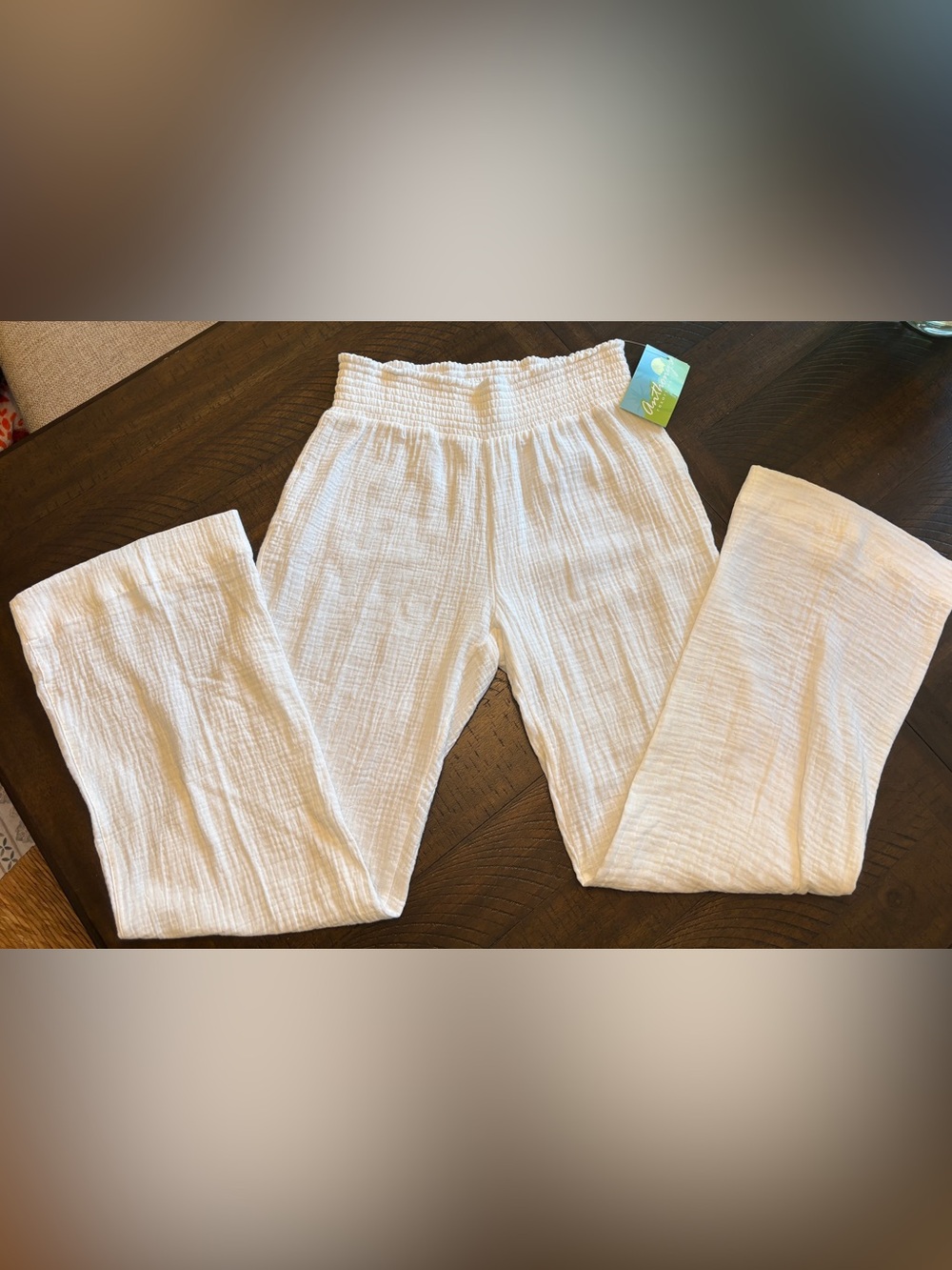 Smocked Waist White Gauze Wide-Leg Pants